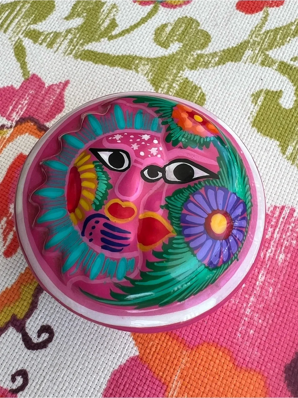 Mexican Pottery Folk Art Sun Moon Celestial Hand Painted Terra Cotta Trinket Box
